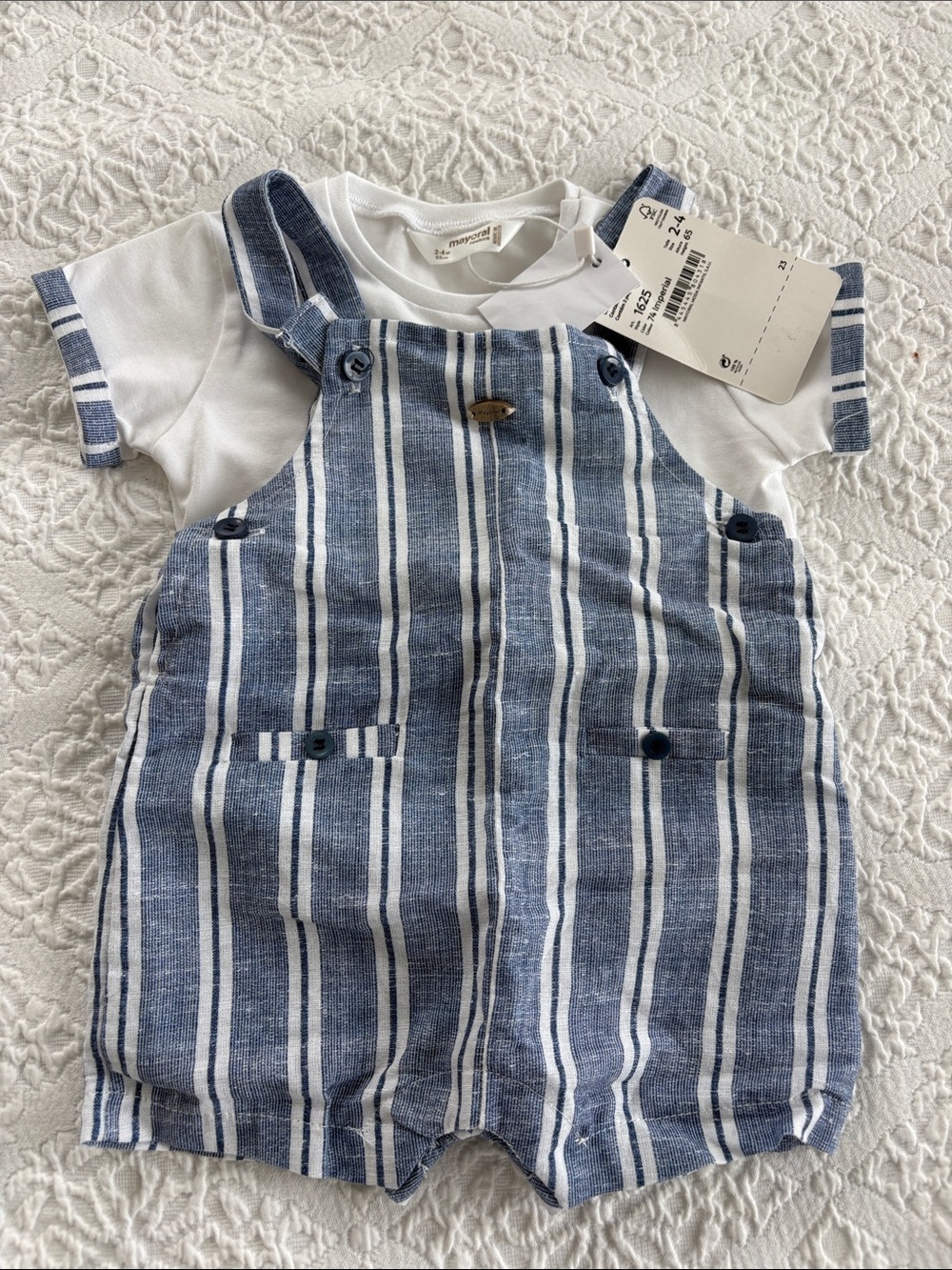 Mayoral Blue and White Striped Linen-Blend Overalls with White Tee